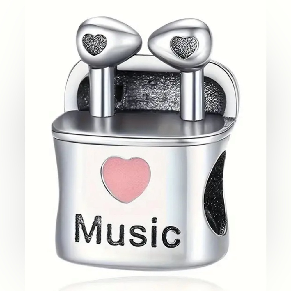 Silver & Pink Earbuds Love Music Charm